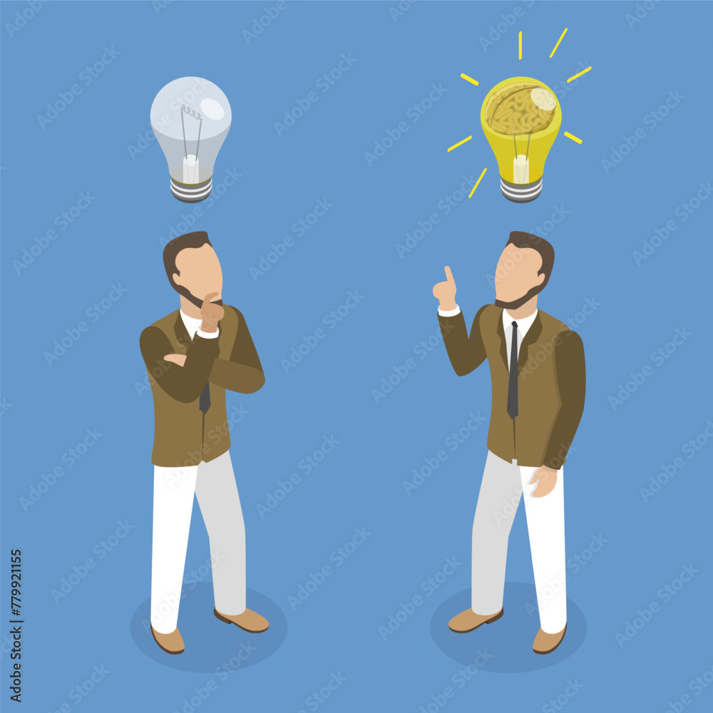 3D Isometric Flat Vector Illustration of Thinking About a Solution, Happy Inventor - obrazy, fototapety, plakaty 