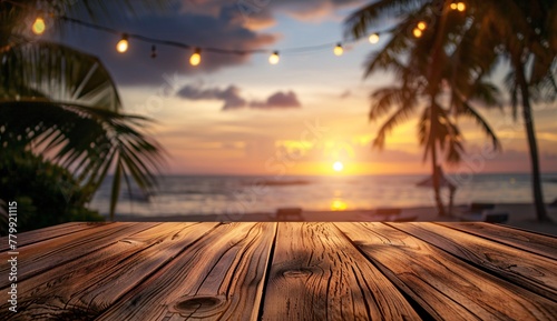 a wood table with palm trees and a sunset