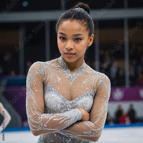 Stunning high-resolution photographs of a young multiracial figure skater preparing to take to the ice capture the excitement and emotion. Sports concept