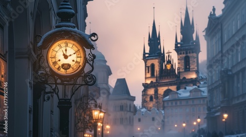 Street view with beautiful historical buildings in winter with snow and fog in Prague city in Czech Republic in Europe.