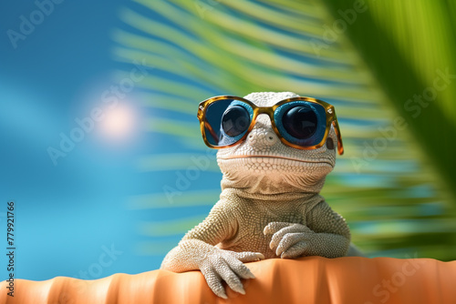 A tiny gecko wearing sunglasses, basking under a miniature palm tree.