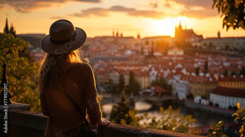 A graceful lady standing with a view of historic buildings in the city of Prague, Czech Republic in Europe. © Joyce