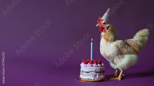 Chicken wearing a birthday hat in front of a birthday cake isolated on purple background	
