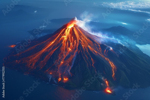 A volcano in the ocean spewing hot lava and ash into the air, surrounded by water and steam