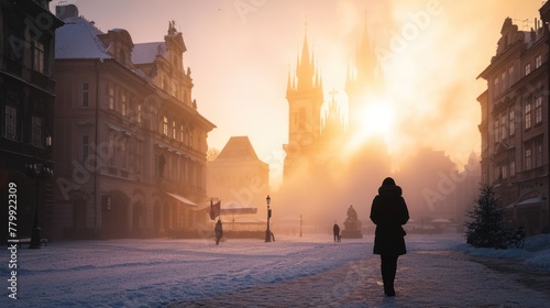 A winter morning of Old Town Square with snow and a lady historic buildings in the city of Prague, Czech Republic in Europe. photo