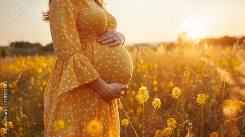 A pregnant woman in a yellow dress standing next to tall grass, AI #779922388