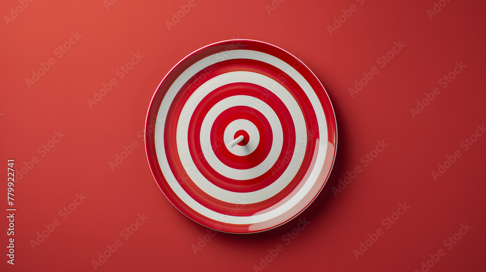 Creative illustration of a round shaped target with thin arrow representing concept of setting goals correctly on solid background