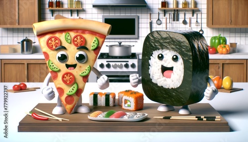 A pizza slice and sushi roll with human-like features in a cooking show contest on a white background, showcasing the fusion of different culinary cultures.