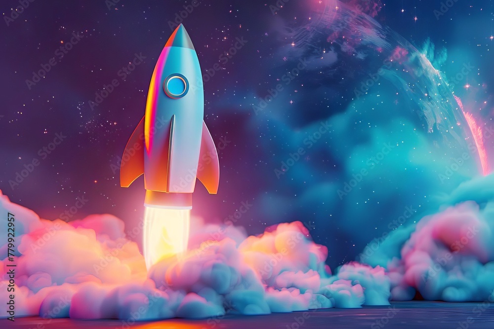 Futuristic 3D rocket launching into space, successful business startup growth concept, innovation illustration Futuristic 3D rocket launching into space, successful business startup growth concept, innovation illustration