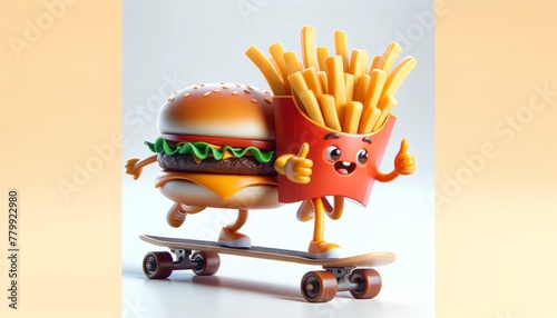 A hamburger and fries with human-like features sharing a skateboard on a white background, illustrating the adventure of fast food delights.