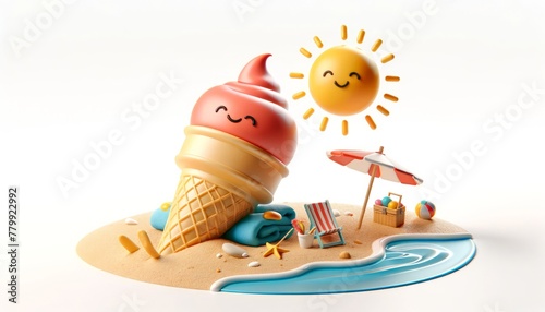 An anthropomorphic ice cream cone and a sunny beach dreaming of cool treats on hot days, embodying the essence of summer refreshments.