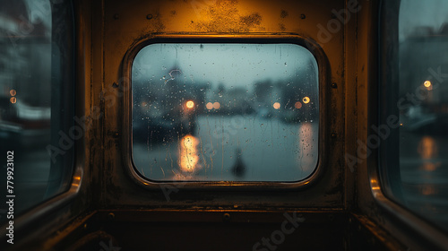 Looking through a dirty train window at a rainy city street with blurred lights at night