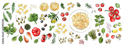 Spaghetti. Pasta painted watercolor on a white background. Colorful sketch of food. Italian food.