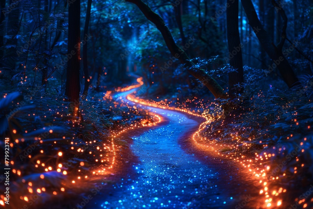 sparkling bokeh illuminating the forest pathway at night sparkling bokeh illuminating the forest pathway at night