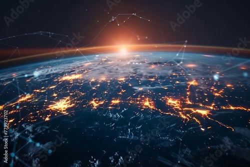 Global digital network connecting continents on Earth, data transfer and cyber technology concept photo