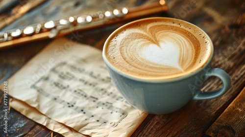Coffee with heart shape latte art and music sheet flute on wooden table. photo