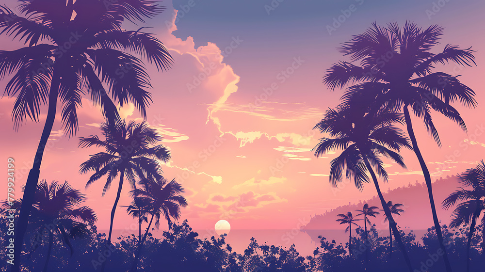 illustration of a beach landscape with purple colored planters