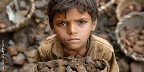 indian boy holding a basket with stones above his head at a construction site, day against child labour, banner photo