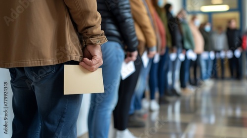 Voters wait in line to vote in voting season.