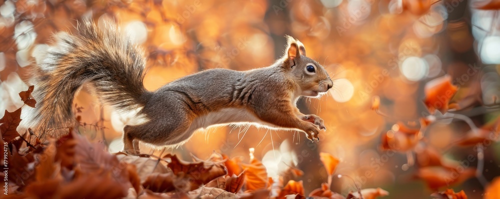 A curious squirrel, mid-movement, set against the vibrant rust of an autumn backdrop A curious squirrel, mid-movement, set against the vibrant rust of an autumn backdrop