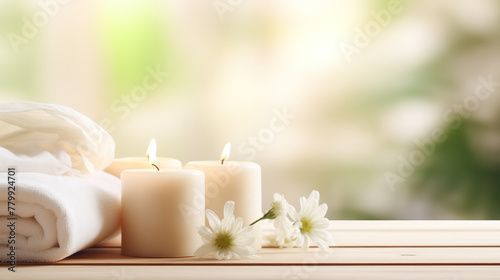 Spa concept with candles  fresh towels  and white daisies on a wooden surface against a blurred natural background.