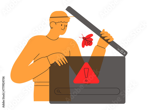 Man fix computer, delete malware, search virus, bug or system error. System administrator fix program code. Programmer install antivirus or corporate system protection or security on office computer.