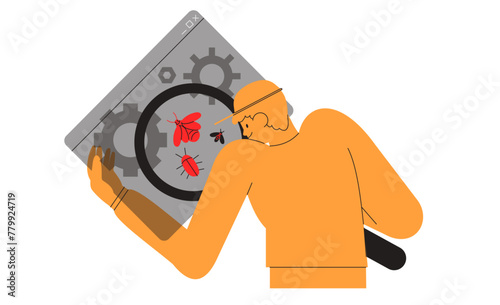 Man fix computer, delete malware, search virus, bug or system error. System administrator fix program code. Programmer install antivirus or corporate system protection or security on office computer.
