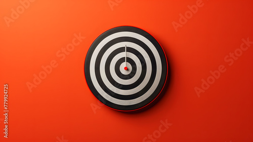 Creative illustration of a round shaped target with thin arrow representing concept of setting goals correctly on solid background