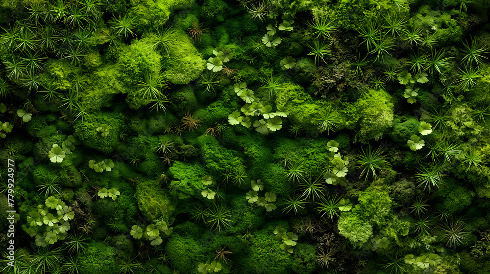 Lush Green Moss and Succulents Top View for Natural Backgrounds Lush Green Moss and Succulents Top View for Natural Backgrounds