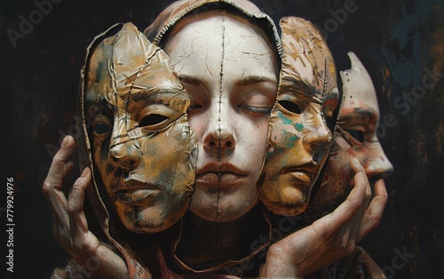 A figure holds multiple masks, exploring the depth of human facades photo