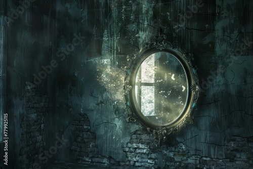 Haunted antique mirror with mysterious reflection  supernatural horror concept  digital art