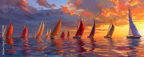 A vibrant regatta, sails ablaze with sunset colors, racing on the shimmering sea