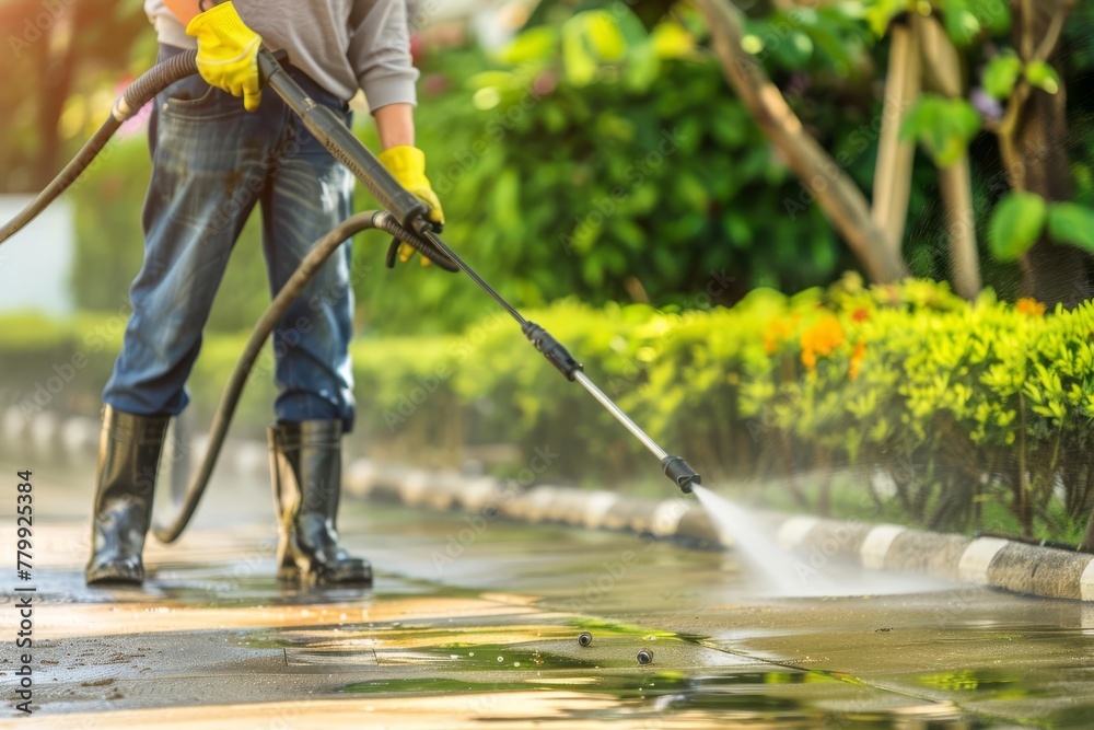 High pressure cleaning of driveway with gasoline washer, professional cleaning services High pressure cleaning of driveway with gasoline washer, professional cleaning services