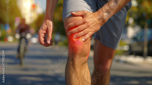 A man with a knee injury is walking down the street. The knee is red and swollen. a man walking down a street. one hand is holding his knee. he is having knee pain. skin on the knee is a light red.
