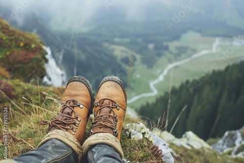 Hiker's leather boots on mountain trail, active outdoor adventure