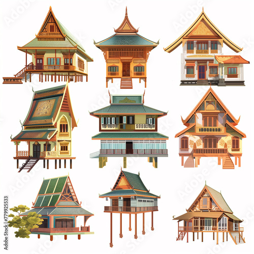 Set of illustration featuring a various of Thai house style on white background, Generative AI © Sarawut