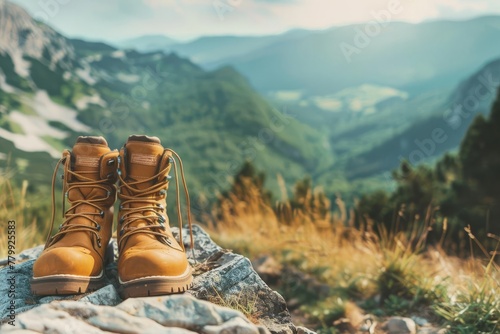Hiker's leather boots on mountain trail, active outdoor adventure photo