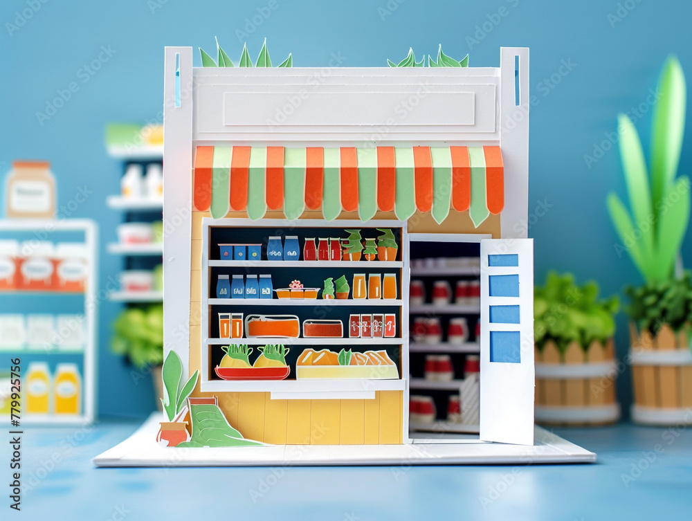 The front view of a small shop in the countryside with a paper-cut style. There was only one isolated shop.