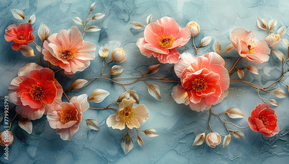 3D textured flowers in light pastel colors on a blue background, floral wall art in the style of various artists. Created with Ai - obrazy, fototapety, plakaty 