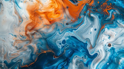 Abstract background with blue, orange and white waves of liquid paint. Abstract fluid art painting in the style of marble alcohol ink. Modern wallpaper for wall decoration or print on canvas.