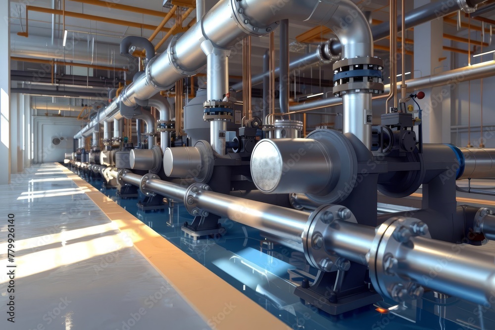 Industrial Steel Water Piping System with Circulation Pumps and Valves, Plumbing Infrastructure, Digital Illustration