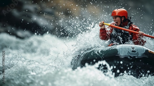A female rafting in rapid water in rugged lands.