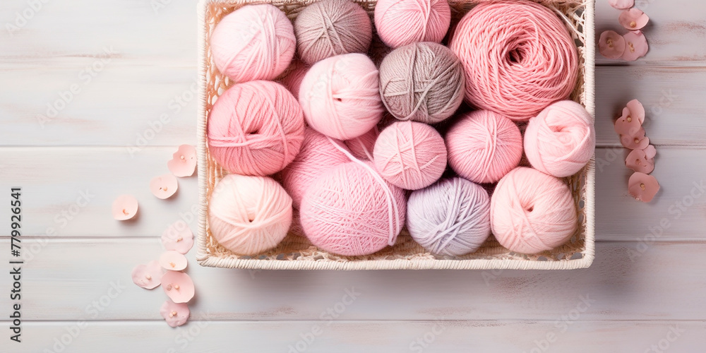 Flat lay. A basket with balls of wool threads with space for text Flat lay. A basket with balls of wool threads with space for text