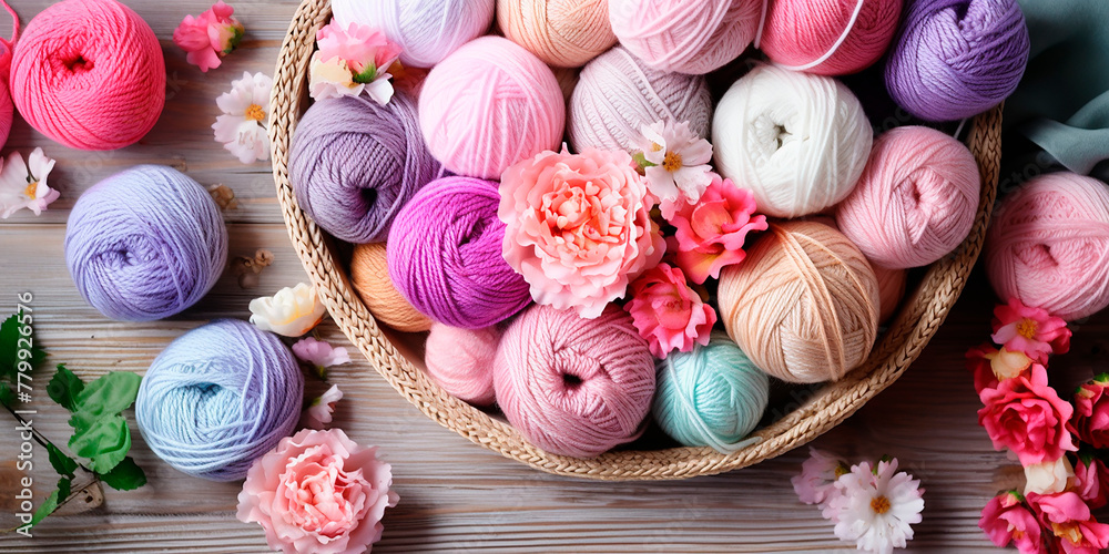A basket with balls of woolen threads.