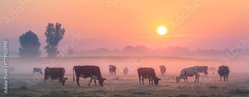 cows grazing in a field with the sun setting