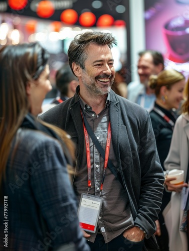 Businesspeople chat and laugh at a trade show, with one man in his thirties smiling amid colleagues, against a backdrop of product displays. © Surachetsh