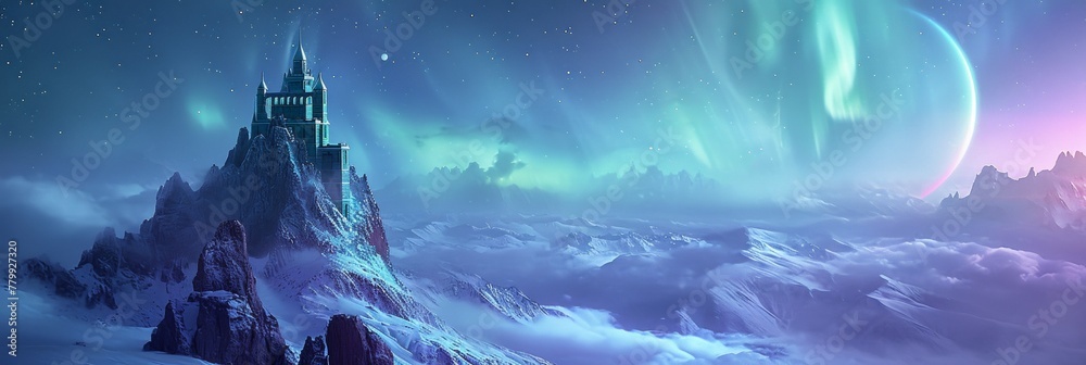A lonely medieval castle fortress on mountain top with majestic view of snow mountain, giant planet and beautiful aurora northern lights in night sky in winter.