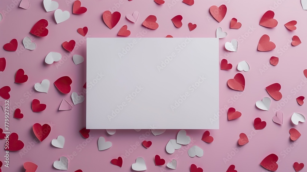 A blank white canvas surrounded by scattered red and pink paper hearts on a pastel background