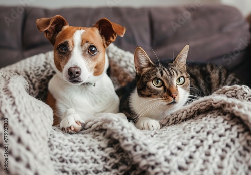 a dog and cat lying on a blanket