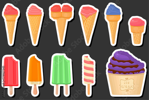 Illustration on theme big kit ice cream popsicle different types in cone waffle cup